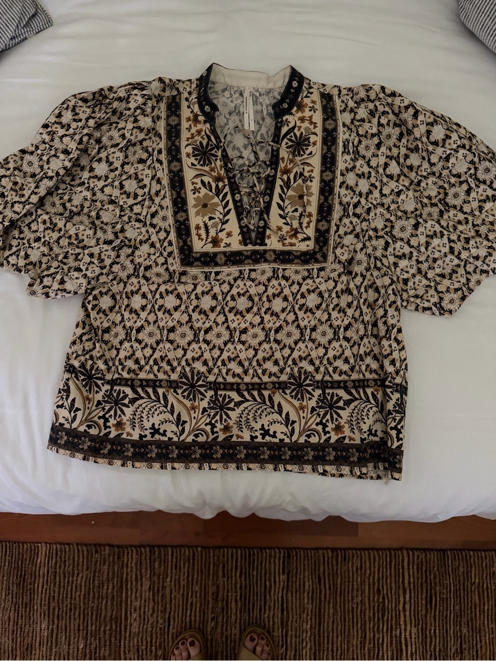 Anthropologie Ivory and Black Patterned Short-Sleeve Boho Shirt